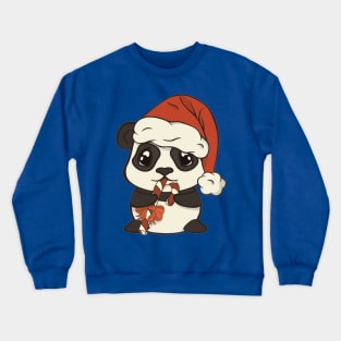 Cute Christmas panda bear in red Santa's hat with pompon eat sugar lollipop striped stick Crewneck Sweatshirt